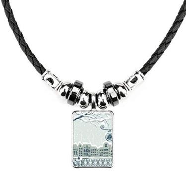 Imagem de DIYthinker Colar de árvore de neve pássaro cidade rua joia Torque pingente de corda de couro