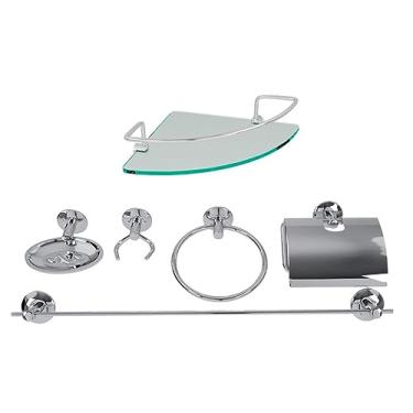 Imagem de Kit Acessórios Para Banheiro Aço Inox 6 Peças Com Porta Shampoo Canto Incolor