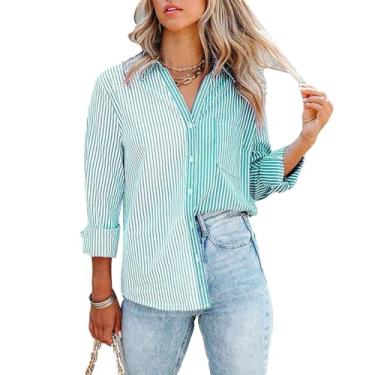 Imagem de Camisa Feminina Com Botões, Camisa Com Botões de Manga Comprida Listrada Casual Gola Virada para Baixo para Compras para Mulheres (M)