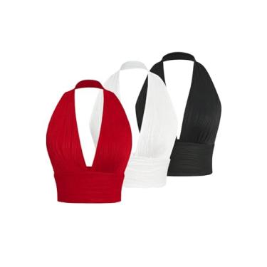 Imagem de Floerns Regata feminina 3 peças decote em V profundo sem costura tricotada frente única frente única cropped top, Preto, vermelho, branco, G