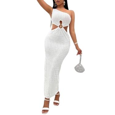 Imagem de Camisa Feminina One Shoulder O-ring Cut Out Waist Bodycon Dress (Color : White, Size : CH)