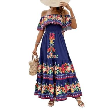Imagem de Camisa Feminina Floral Print Off Shoulder Ruffle Hem Dress (Color : Blue, Size : L)