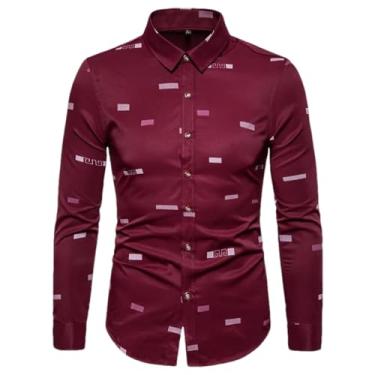 Imagem de ZMIN Camisa social masculina casual outono manga comprida estampa lisa camisa social roupas masculinas camisa, Vinho tinto, GG