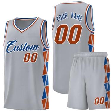 Imagem de Camiseta de basquete personalizada com shorts atléticos, roupa de treino esportiva leve personalizada para homens/jovens, Cinza claro/laranja-real 5, One Size