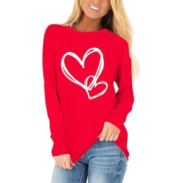 Imagem de Woffccrd Camisetas femininas Love Heart de manga comprida com gola redonda e estampa de gnomos de coração xadrez casual, Vermelho 3, GG