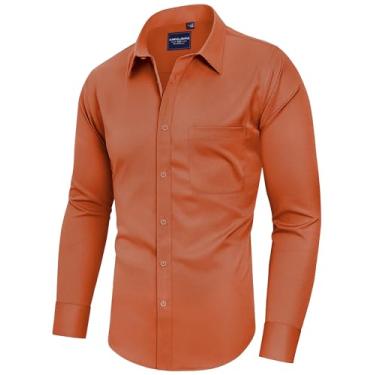 Imagem de Alimens & Gentle Camisas sociais masculinas de manga comprida e sem rugas, camisa de botão formal sólida com bolso, Marrom, G
