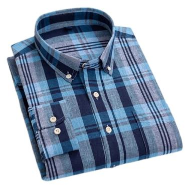 Imagem de Camisa xadrez casual de linho de algodão masculina respirável verão manga longa roupas listradas com bolso frontal, T0c18--02, GG