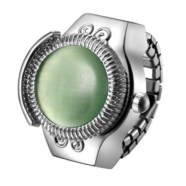 Imagem de Lancardo Relógio com anel elástico: pulseira elástica prata analógica de quartzo brilhante olho de gato caixa aberta relógio de dedo masculino feminino Natal aniversário, Verde, diariamente