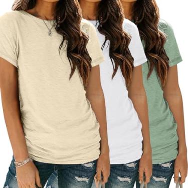 Imagem de SUNBS Pacote com 3 camisetas femininas básicas de manga curta gola redonda moda tops ajuste solto leve casual roupas de verão 2024, Pacote com 3: branco creme, verde, P