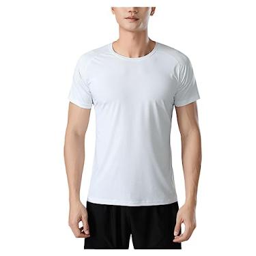 Imagem de Camiseta masculina atlética de manga curta, secagem rápida, lisa, lisa, gola redonda, leve, academia, Branco, 4G
