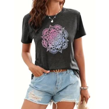 Imagem de Camiseta feminina com estampa de flores boêmias, vintage, estampa de flores silvestres, casual, botânica, manga curta, Cinza escuro - 3, G