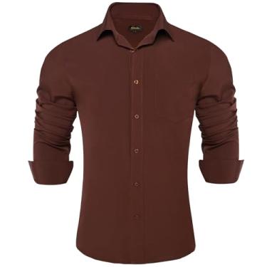Imagem de DiBanGu Camisas sociais lisas para homens, camisa casual de manga comprida, com botões, caimento regular, sem rugas, com bolso, Marrom, P
