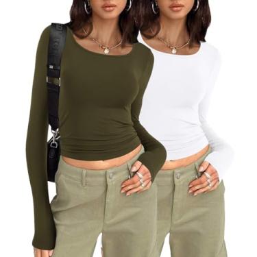 Imagem de BTFBM Camisetas femininas de manga comprida básicas primavera cor sólida tops outono moda camadas slim fit Y2k tops, Verde militar e branco, P