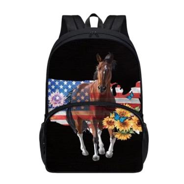 Imagem de Suobstales Mochila infantil casual de 43 cm, mochila escolar leve de ombro com bolso com zíper, Bandeira americana com cavalo e girassol e borboleta, One Size
