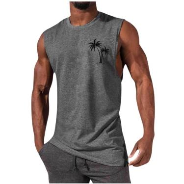 Imagem de Colete masculino esportivo esportivo de praia sem mangas para homens gola redonda havaiana camiseta regata outono verão 2024, T-214 Cinza, XXG