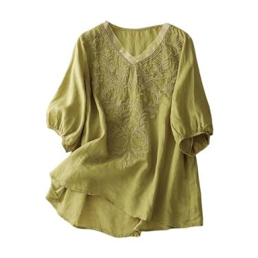 Imagem de Blusas femininas de linho de algodão manga curta Henley camisas abotoadas gola V casual trabalho túnica bordada, Amarelo, M
