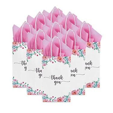 Imagem de Pacote com 50 sacos de papel pequenos florais brancos e rosa de agradecimento, sacos de presente de primavera com alças 22 x 13 x 8 cm e papel de seda para casamento, chá de bebê, lembrancinhas de