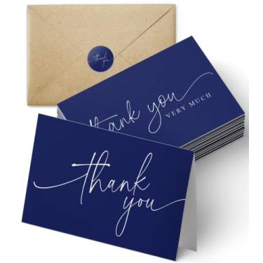 Imagem de Cartões de agradecimento com envelopes Kraft e adesivos correspondentes, pacote a granel de 100, 10 x 15 cm azul marinho aparência profissional | Adequado para negócios, chá de bebê, casamento, pequenas empresas, formatura, chá de panela, funeral