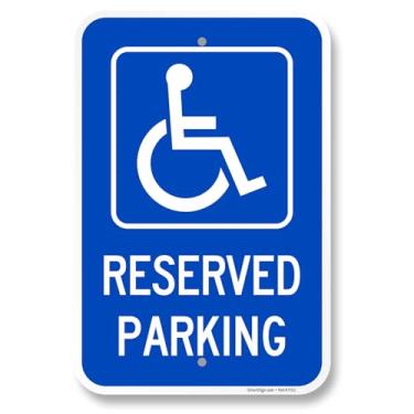 Imagem de SmartSign Placa de metal de estacionamento reservado de 45 x 30 cm com símbolo de deficientes, composto de alumínio de 120 mm (ACM), material refletivo de grau de engenheiro, azul e branco, feito nos