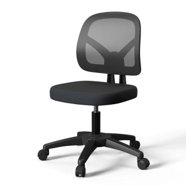 Imagem de KOLLIEE Cadeira de escritório de malha sem braços ergonômica pequena cadeira de mesa sem braços cadeira giratória preta para computador com rodas cadeira de tarefas para espaços pequenos cadeira de escritório de casa com encosto médio para adultos e crianças