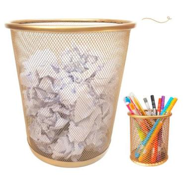 Imagem de Kit Lixeira Aramada Escritório e Porta Caneta Dourado Ouro - Markys St