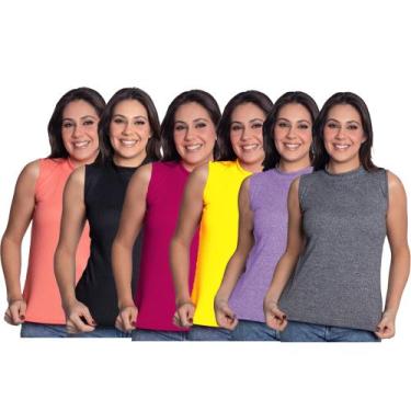 Imagem de Kit 4 Blusinhas Regata Canelada Cores Variadas Básica Gola Alta Casual