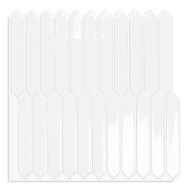 Imagem de MOONFUN Revestimento de azulejo hexagonal longo branco para descascar e colar, 10 folhas de azulejos autoadesivos de parede grudam na parte de trás para cozinha, banheiro, lareira, trailer (30,5 cm ×