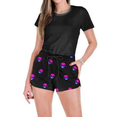 Imagem de Conjunto Feminino Verão Moda Praia Camiseta Algodão Short Tactel Coque