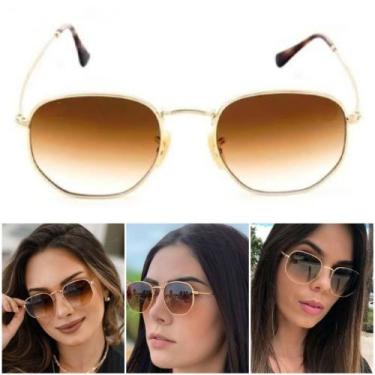 Imagem de Óculos De Sol Hexagonal Dourado Marrom Degrade Unissex Lente De Crista