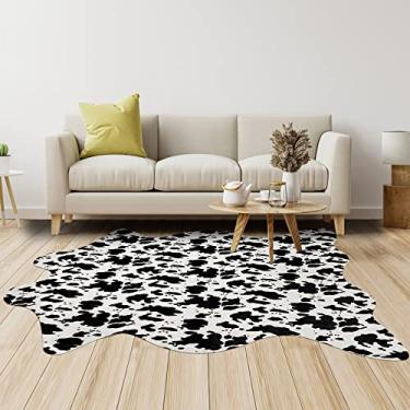 Imagem de Aoczes Tapete de vaca preto e branco para sala de estar Tapete de couro sintético grande 1,6 x 1,5 pés tapete estampado de vaca tapete bonito animal estampado tapetes de vaca para quarto berçário escritório decoração de casa ocidental