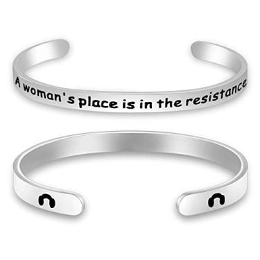 Imagem de PLITI Presentes feministas A Woman's Place is in the Resistance Jewelry for Women Gift Girl Power Equality Bracelete de punho, Medium, Metal