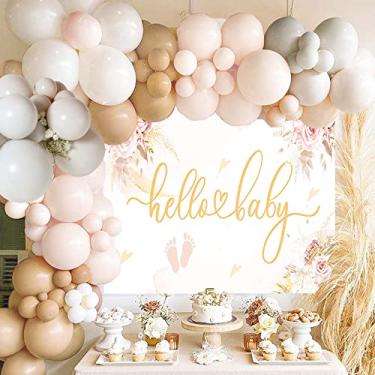 Imagem de Guirlanda de balão neutro com pano de fundo de chá de bebê Hello Baby, decorações de chá de bebê gênero neutro para meninos e meninas, arco de balão de pelúcia duplo para revelação de gênero, decoração de primeiro aniversário