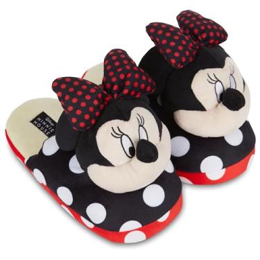 Imagem de Disney Chinelos femininos de pelúcia Minnie Mouse clássicos 3D Minnie Mouse Chinelos de pelúcia para casa, Preto/vermelho, 7-8