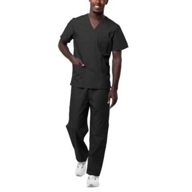 Imagem de Conjunto de uniforme de uniforme médico unissex com gola em V e cordão na parte superior da Sivvan (disponível em 15 cores sólidas), Preto, X-Large
