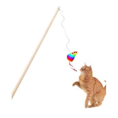 Imagem de Varinha para gatos Brinquedo Interativo Vara pra Gato Sisal Colorida Penas Plumas Varios Modelos (Ratinho Arco-íris)