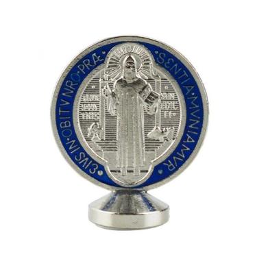 Imagem de Medalhão São Bento Dourado Azul ou Prateado Azul Metal Uso Carro 5.5cm