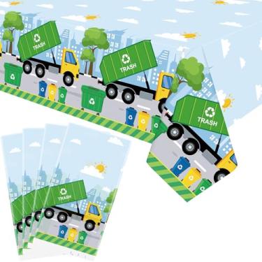 Imagem de Obussgar Pacote com 4 toalhas de mesa para festa de caminhão de lixo, toalha de mesa retangular de plástico para mesas retangulares, caminhões de lixo, artigos de festa de aniversário, lembrancinhas