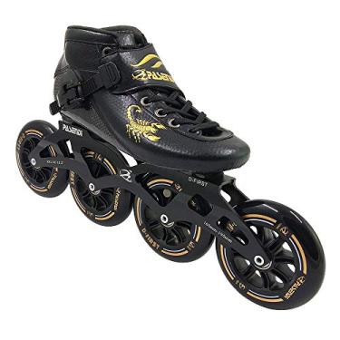 Imagem de Patins profissionais de velocidade de fibra de carbono patins adultos masculinos e femininos 4 rodas de uma fileira de velocidade em linha sapatos de skate preto (preto, EUA 10/UE 43)