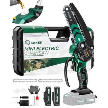 Imagem de Saker Mini motosserra com lubrificador automático|Motosserra de 15 cm [Atualizado em 2025] | Mini motosserra elétrica sem fio | Pequena motosserra portátil portátil alimentada a bateria para aparador
