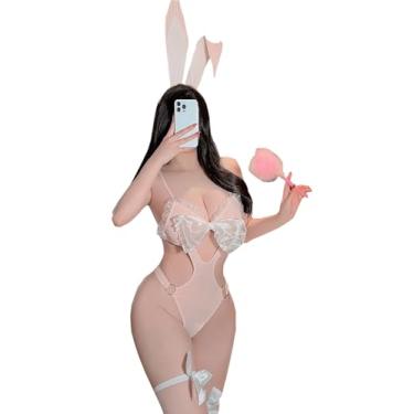 Imagem de Lingerie feminina sexy cosplay coelhinho anime laço malha pelúcia body peça única para festa cosplay fantasia (rosa, tamanho único)
