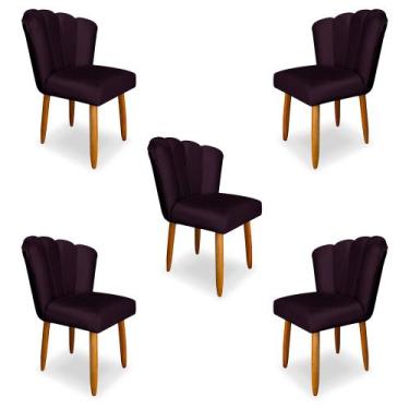 Imagem de Kit 5 Cadeiras de Jantar Pétala Estofada Pés Palito Veludo Roxo - Mont