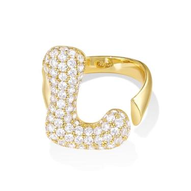 Imagem de KissYan Anel feminino com inicial de bolha, placa de ouro 14 quilates, anéis abertos, ajustáveis, delicados, pavimentados, zircônia cúbica, personalizada, moda, joia de presente, Latão, Zircônia
