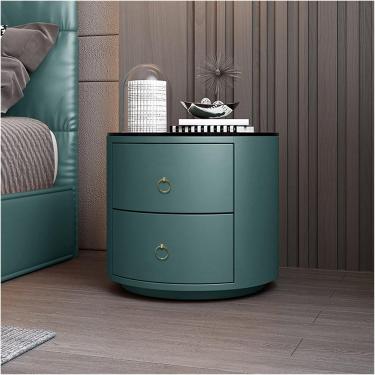 Imagem de Mesa de cabeceira redonda mesa de cabeceira de couro simples de couro ardósia armário de armazenamento de vidro temperado com gavetas adequado para quarto, ooffice, 9, bancada preta