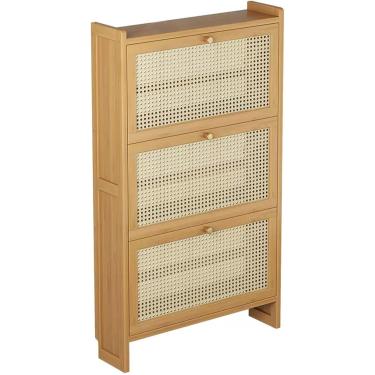 Imagem de Armário de sapatos fino, armário de armazenamento de sapatos de bambu independente com portas dobráveis organizador de calçados retrô com gaveta móveis de armazenamento doméstico para entrada de