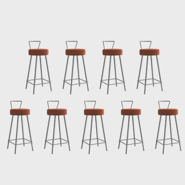 Imagem de Kit 09 Banqueta Alta Com Encosto Tais Eiffel Cozinha Bar Bistrô Ferro Cinza Corino Laranja - Ahz Móveis