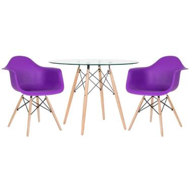 Imagem de Mesa Redonda Tampo De Vidro 100 Cm + 2 Cadeiras Roxo