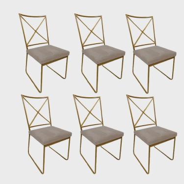 Imagem de Kit 06 Cadeiras Sala de Jantar Escritório Office Clark Industrial Ferro Dourado Corino Bege - Ahz Móveis