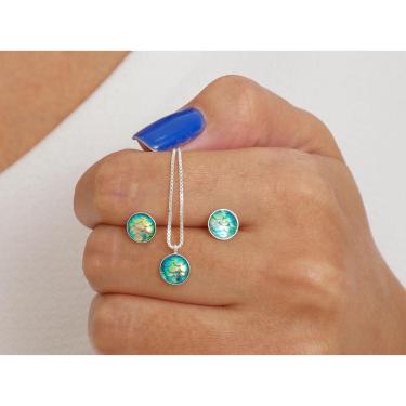 Imagem de Conjunto Mar Colar E Brinco Pedra Escama Sereia Prata 925