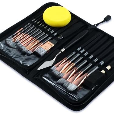 Imagem de Transon Kit de 16 pincéis artísticos com espátula de esponja de espuma e estojo de arte para óleo, acrílico, aquarela, guache, pintura preta