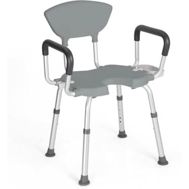 Imagem de FlyingJoy Cadeira De Banho Para Chuveiro Interno - 258 Kg, Montagem Sem Ferramentas, Altura Ajustável, Banco Acolchoado, Braços E Encosto Removíveis, Clipe Chuveiro, Assento Idosos Deficientes (Cinz